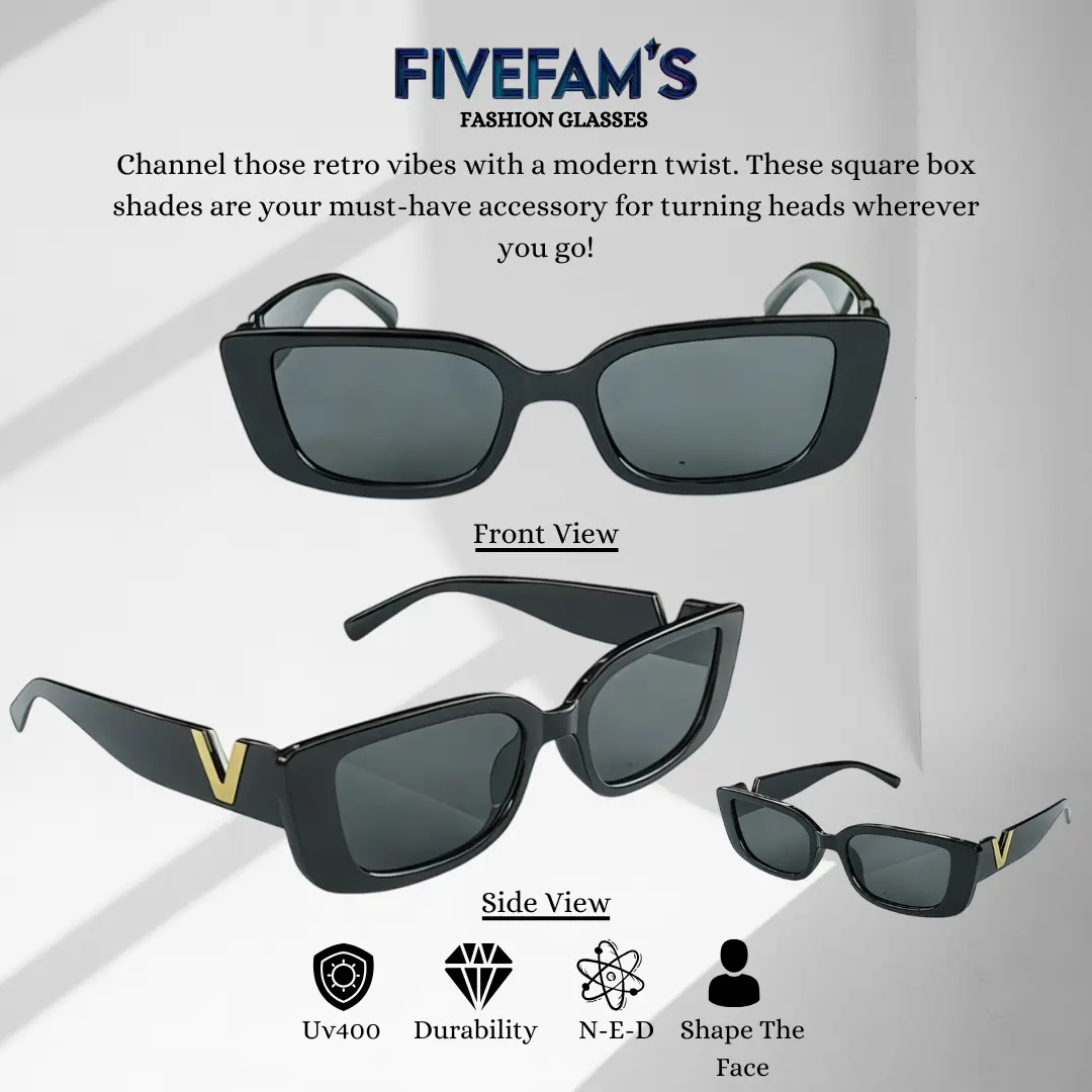 FIVEFAM'S - Kacamata Hitam Square Box V Vintage Black Frame Sunglasses Lensa UV400  - Eyewear Square Retro Unisex