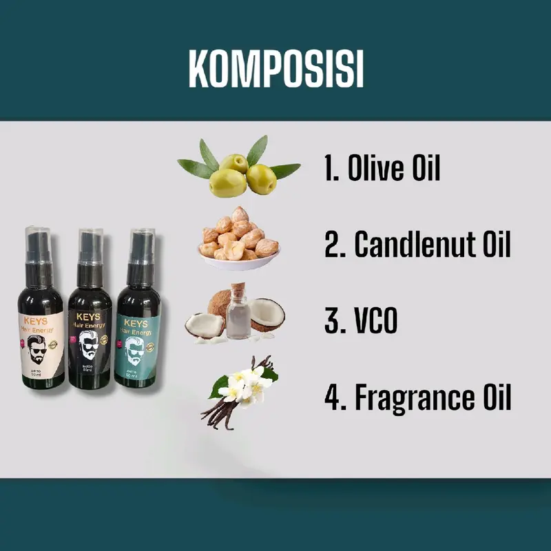 Minyak Rambut Keys Hair Energy / Styling Parfum dan Perawatan Rambut Extract Zaitun, Olive Oil dan Minyak Kemiri 3