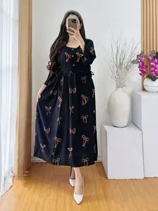 Daster Chibi Kekinian Terbaru Rayon Premium Lengan 3/4 Busui Frendly Motif Pita Kancing Bumil Dress Rumahan Bumil Hits Model Terbaru Rayon Cantik