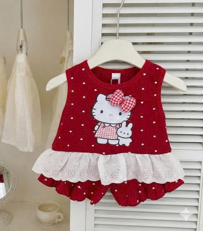 AH Bộ nhí bé gái REN sz 7 - 22kg chất tăm gân in mèo kiity quần áo bé gái mùa hè