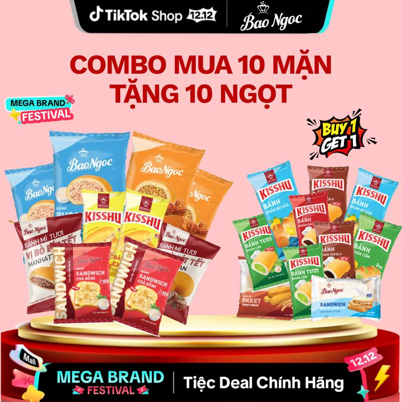  COMBO SIÊU TIẾT KIỆM - MUA 10 BÁNH MẶN  TẶNG NGAY 10 BÁNH NGỌT Bánh mỳ tươi cao cấp Bảo Ngọc 
