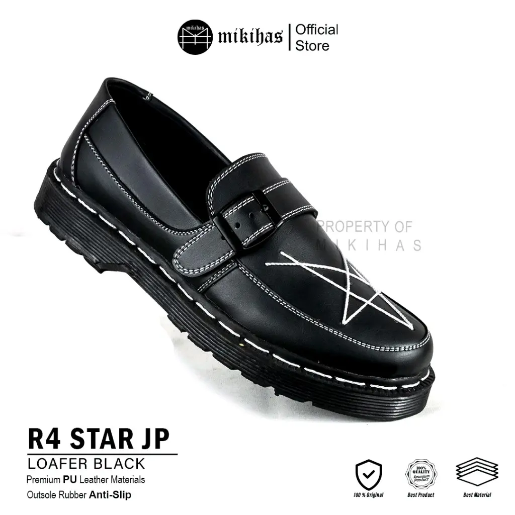 Mikihas R4 - Sepatu Loafers Pria Slip-On Dockmart Bintang Kulit Hitam Sol Karet Flat Shoes Sneakers Kasual penny loafers loafers  style outfit