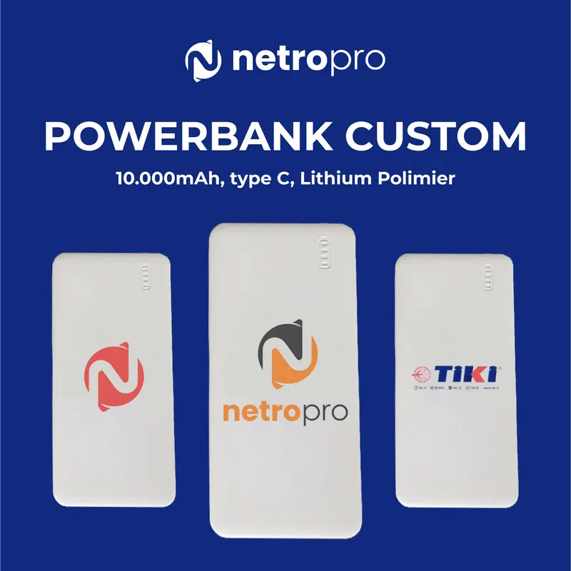 Powerbank Custom Souvenir 10000mAh, Type C, Cetak Sablon - Hitam/Putih - Netro Productions 0