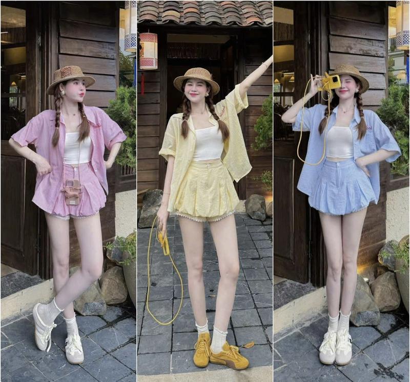 Sét đồ nữ 3 món áo sơ mi kate kẻ sọc tay ngắn họa tiết thêu chữ kèm áo lót và chân váy có lót quần viền ren xinh xắn hottrend