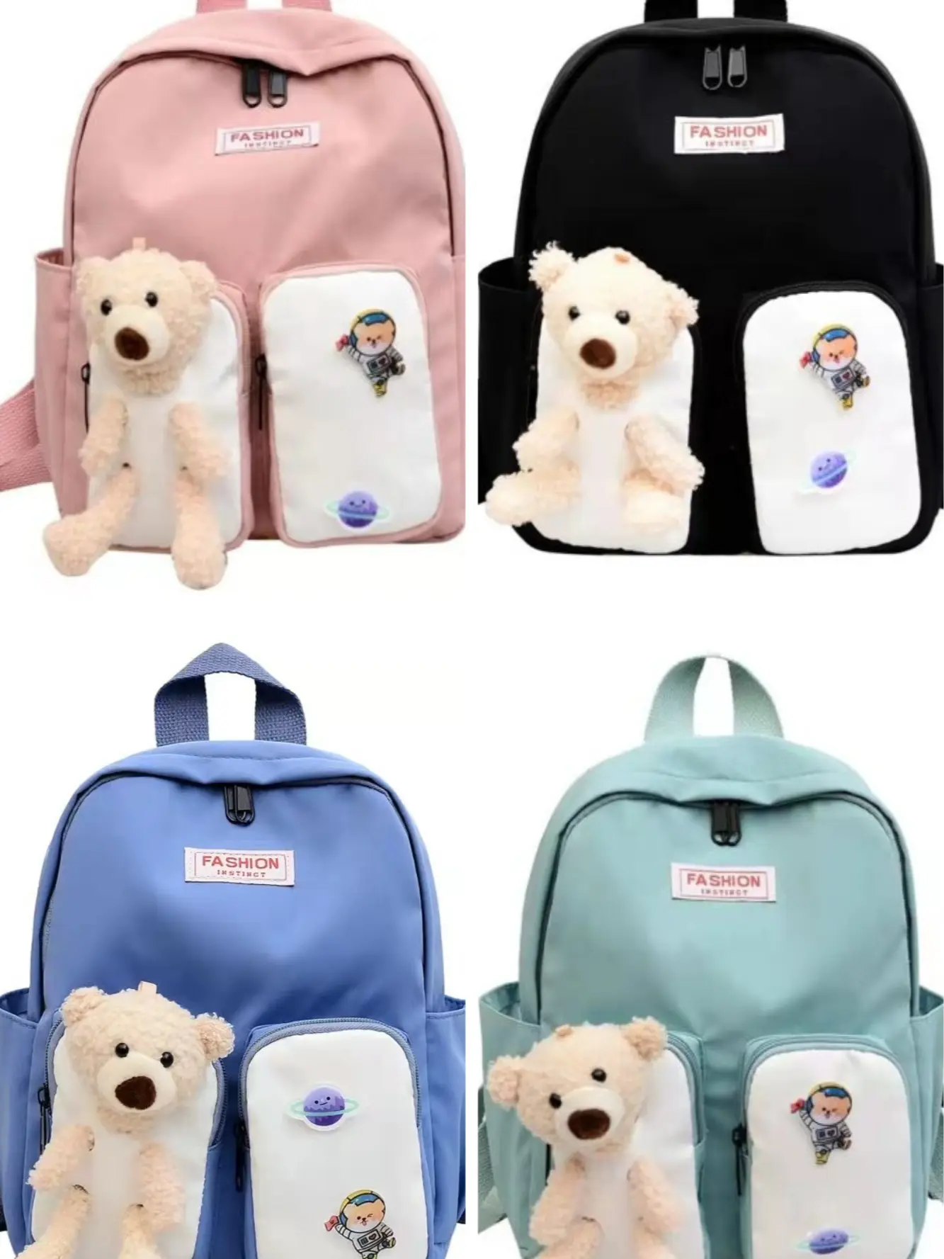 Tas Ransel Wanita TBS6002 – Nylon Waterproof, Desain Imut + Gantungan Boneka (biru, hitam, hijau sage, pink)