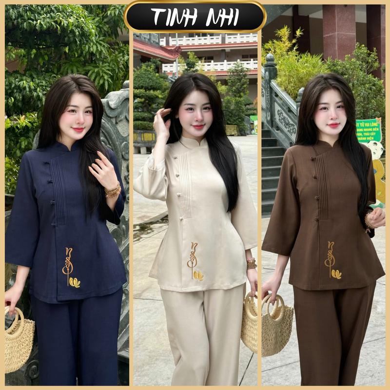TINH NHI đồ lam cho nữ phật tử đi lễ đi chùa cổ tàu chiết eo tôn dáng thanh lịch PP344