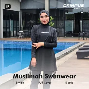 IF - Baju Renang Wanita Muslimah Dewasa Syar'i 3in1 (Full Hitam) Full Cover, Hijab Include by Campus Sport Wear