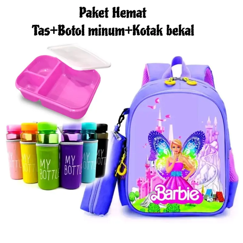 Paket Tas Ransel Anak Motif BArbie bonus botol minum dan kotak bekal Fashion 1