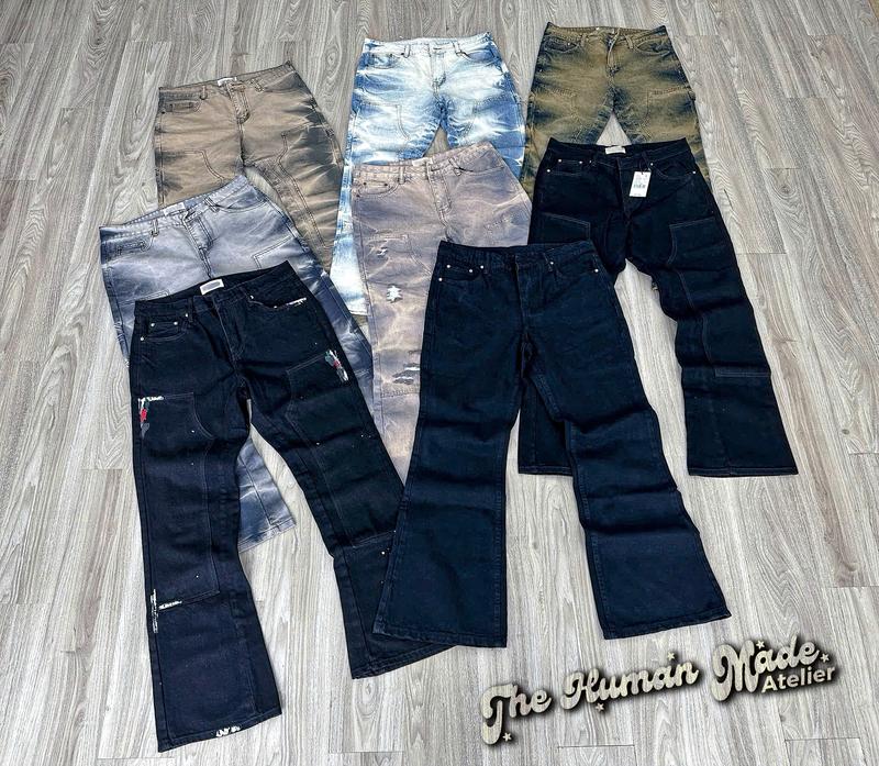 Quần jeans nam double knee ống loe 14oz | wash hiệu ứng | The Human Made Atelier | jeans cotton 100%