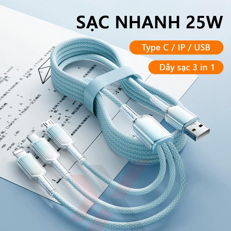 Dây Cáp Sạc Nhanh 3 Đầu eXtreme DS5212 25W Type C Android Lightning Iphone Dây Dù Chắc Chắn - Phụ Kiện Điện Thoại 