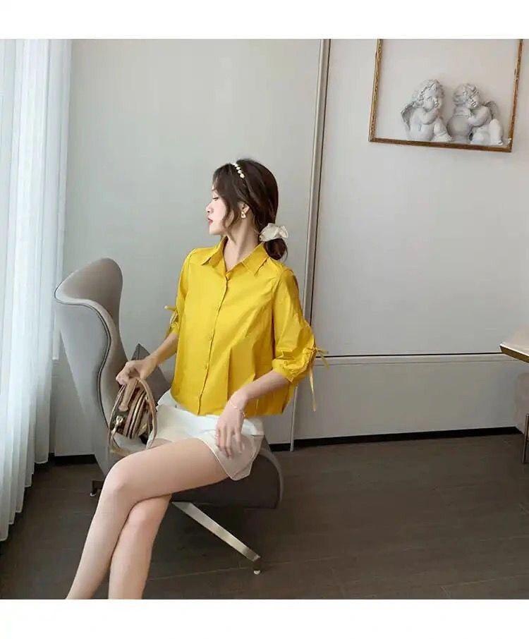 Product Introduction of Women's Chiffon Rheology Hong Kong Style Three-Quarter Sleeve Shirt 2023 New Loose Design Niche Chic Top 11