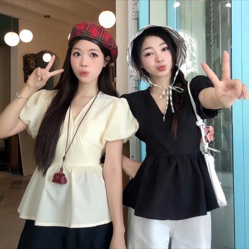 Áo babydoll tay bồng cổ tim( 585) chất lụa Hàn mềm mát nhún eo