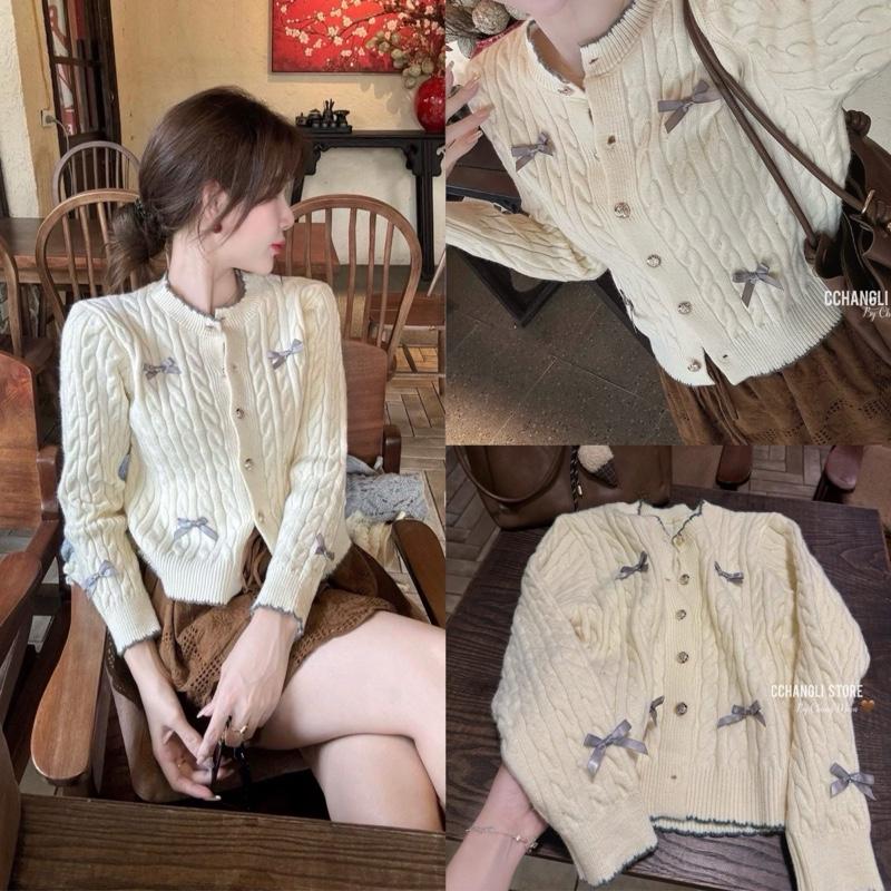 Hàng Sẵn QCCC Áo Cardigan Len Nữ Màu Kem Cài Nút Đính Nơ Nhỏ Dành Cho Nàng
