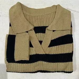 AME Sweater Rajut Wanita Model V-Neck Lengan Panjang Desain Garis Hitam dan Putih Baju Atasan Knitwear Stylish