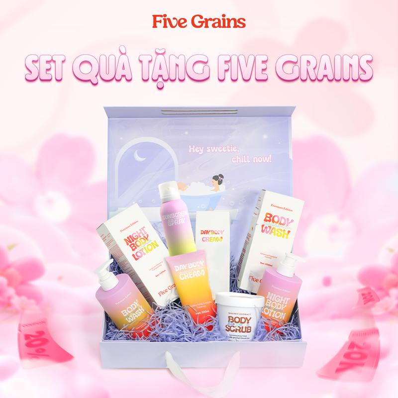   I  Set quà yêu thương Five Grains  sữa tắm kem dưỡng xịt chống nắng tẩy tế bào chết  - A10 