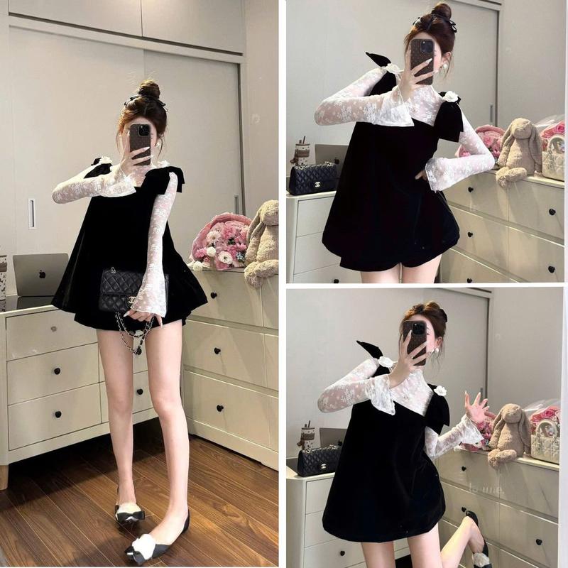 Bộ Set Nhung 3 Món Nơ Vai Đính Hoa Nữ Tính Phong Cách Hàn Quốc - By BN TRENDY