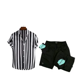 Set Kemeja Motif Amarilo dan Celana Pendek Broadshot Pria Wanita, Outfit Santai Casual Hitam Putih Polos Dewasa  Setelan Panjang