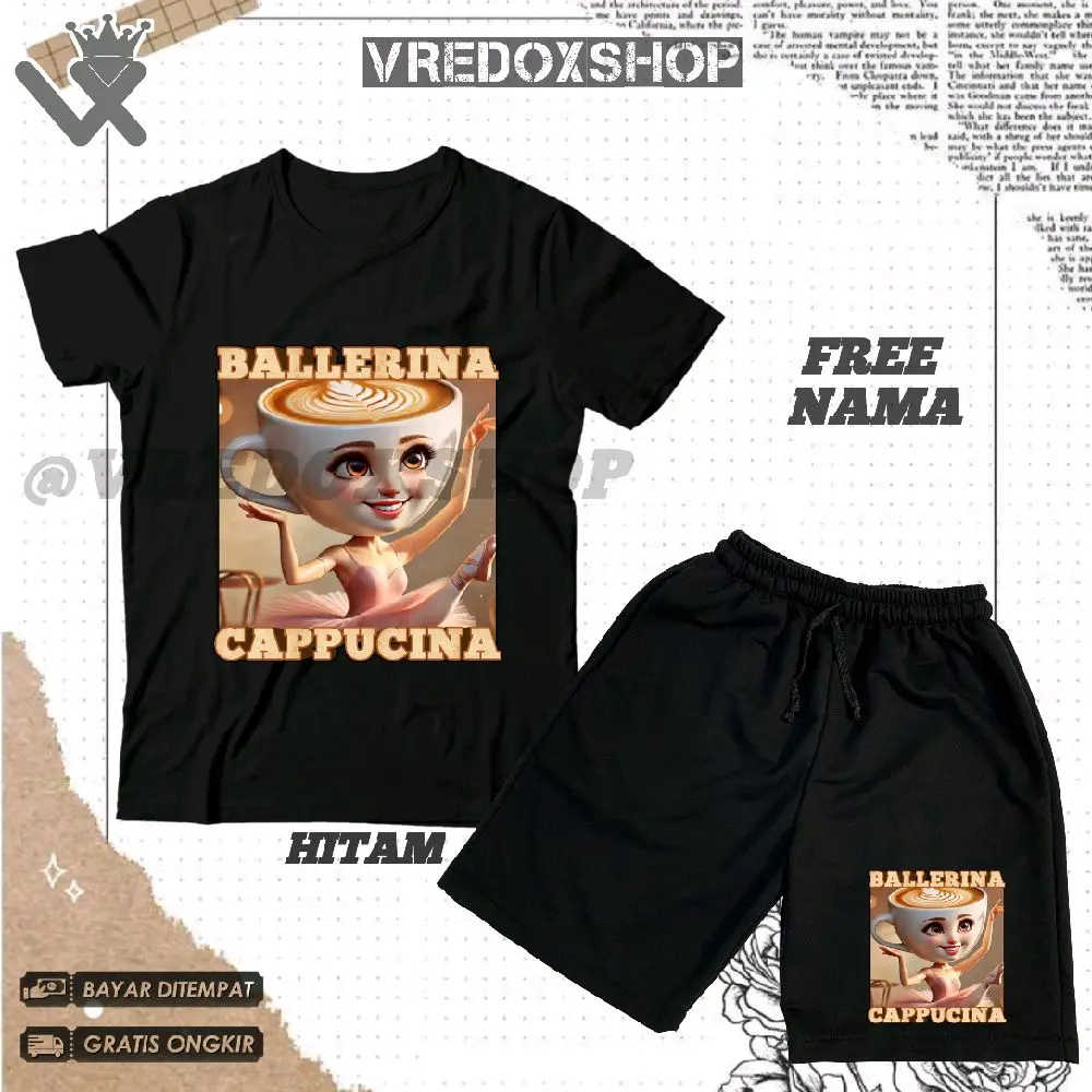 (BISA COD) Setelan Kaos Celana Pendek Anak Motif Brainrot Anomali BALLERINA CAPPUCINNA/ Baju Balerina capucina Anomali Ballerina Cappucina Viral Tiktok/ T-shirt Kids Pakaian Fashion Anak untuk Laki-laki dan Perempuan Usia 3-12 Tahun/ Free Nama