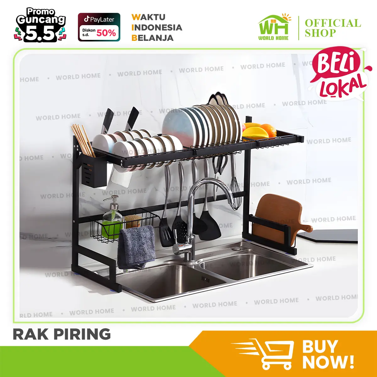 WORLDHOME - RAK PENIRIS PIRING WASTAFEL RAK DAPUR BAHAN BESI LAPIS CAT COATING