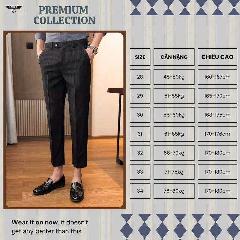 Quần âu nam Kẻ Vạch Nhỏ Cao Cấp T-MAX LUXURY Pants - Đen, Ghi sáng, Ghi Đậm vải cotton co giãn Menswear ôm côn trẻ trung năng động chống nhăn bền màu