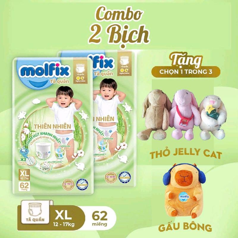 (Tặng gấu capypara/ thỏ JELLYCAT ) COMBO 2 BỊCH TÃ QUẦN MOLFIX M76/L68/ XL62/ XXL56 MẪU MỚI Cho Bé
