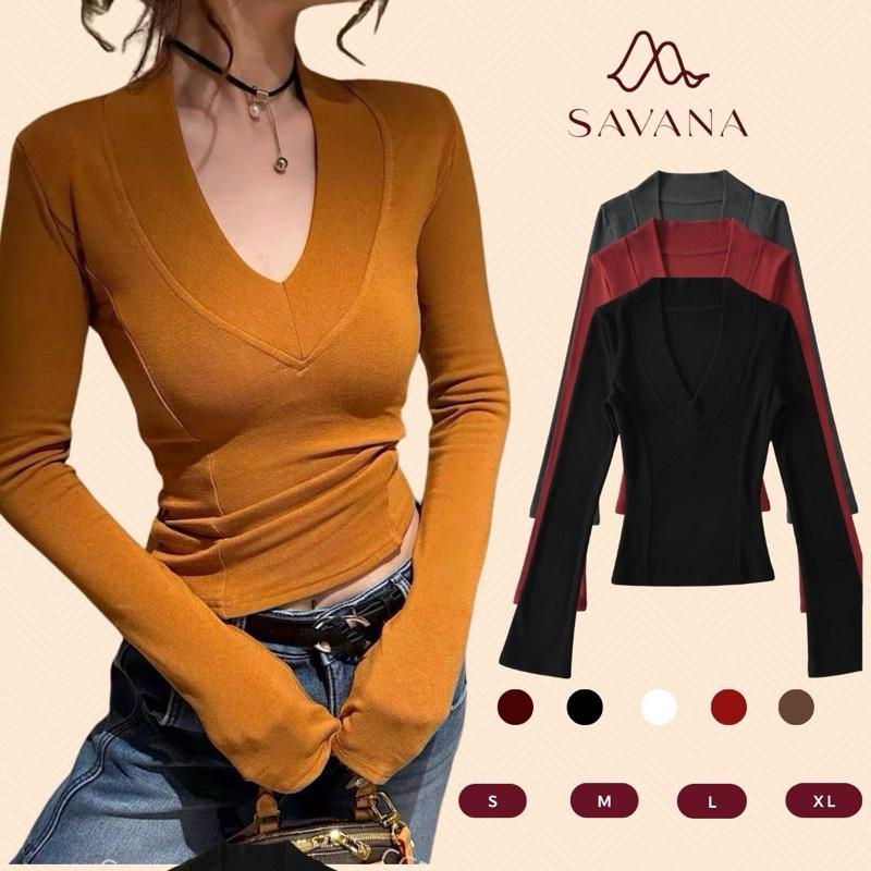  SAVANA Áo Thun Cổ Tim Tay Dài Ôm Body Chất Cotton Mịn Co Giãn Bốn Chiều Thoáng Mát Woman SAVANA D45 Phù Hợp Cho Nữ 