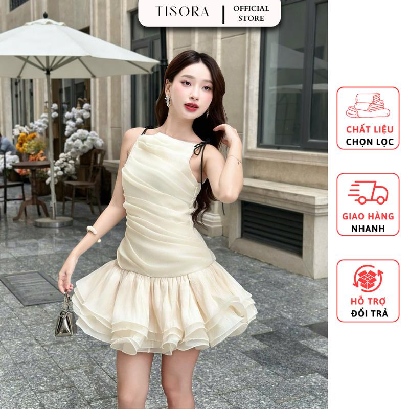 Đầm dự tiệc 2 dây đen bồng xòe 2 màu: Hồng, Be - Tisora