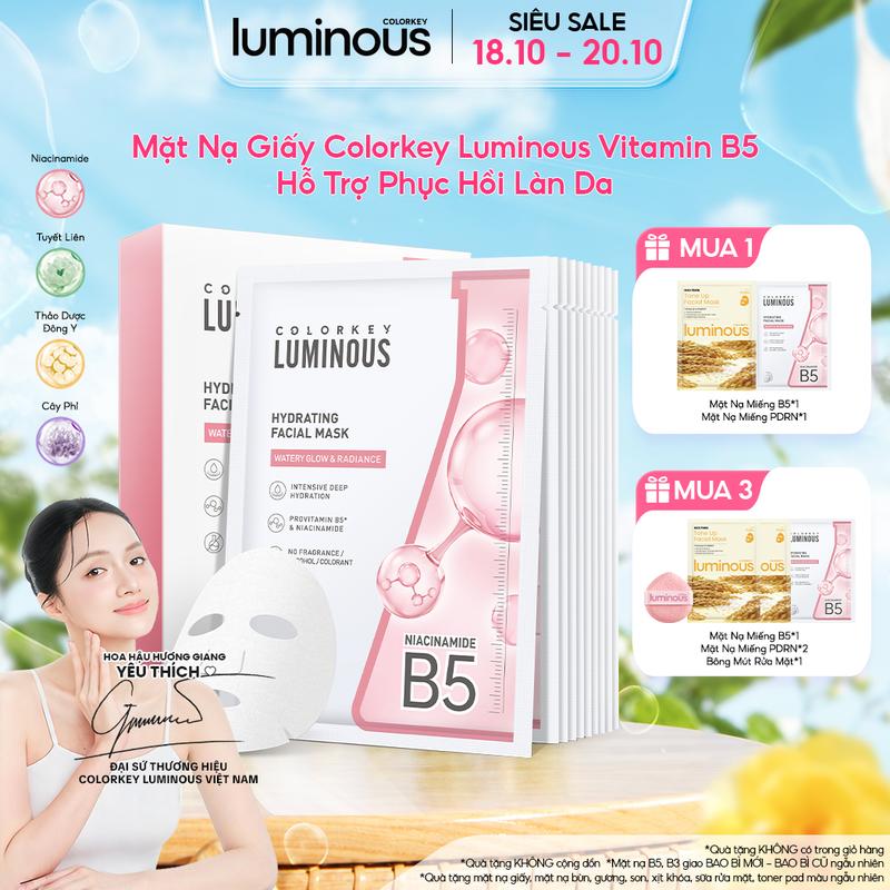 Mặt Nạ Giấy Vitamin B5 Colorkey Luminous Cho Mọi Loại Da Hỗ Trợ Cấp Ẩm Làm Dịu & Phục Hồi Da (10 Miếng/Hộp)