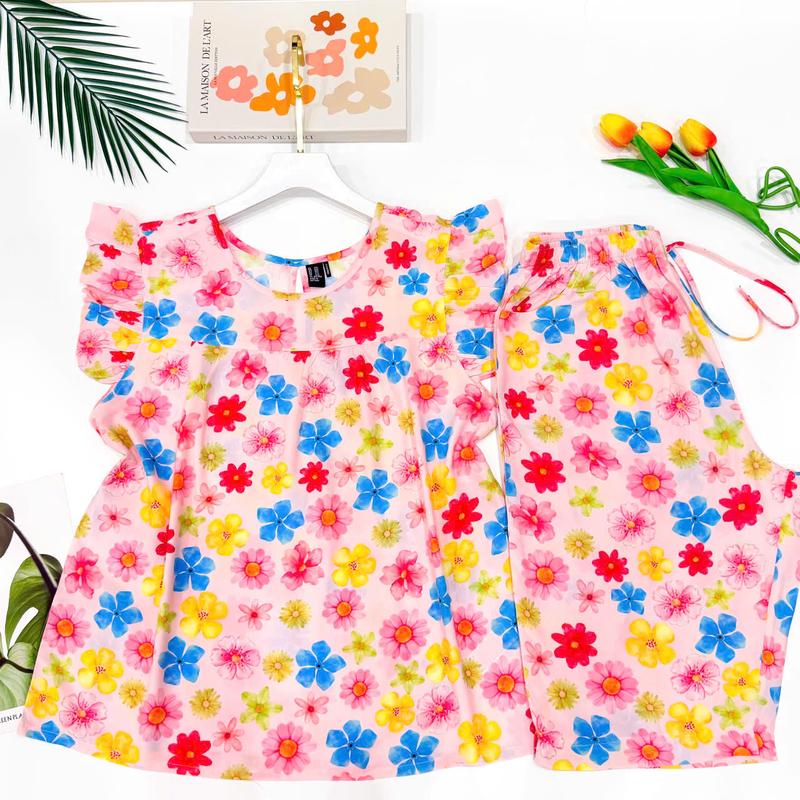 Đồ Tole Nữ Mặc Nhà Bộ Lanh Trung Niên Quần Lửng Áo Cổ Tròn Tay Cánh Tiên 45-85kg VNXK F21 Cao Cấp - Women Top Quần Ngủ Cạp Cao