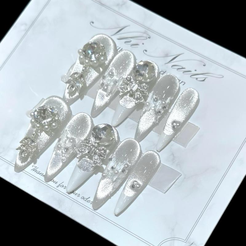 N158 bộ 10 chiếc nailsbox thiết kế thủ công thạch gạo phối màu mắt mèo mèo đính đá vẽ nổi sang trọng làm nails nữ phù hợp với cô dâu