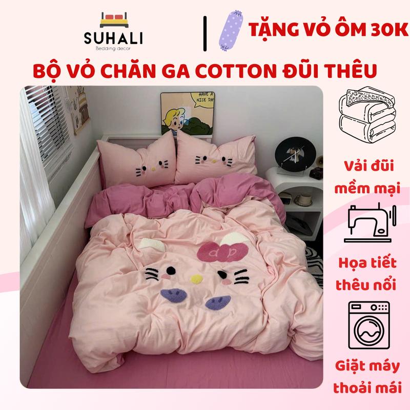 COTTON ĐŨI HÀN THÊU - bộ 4 món vỏ chăn ga gối Suhali.shop