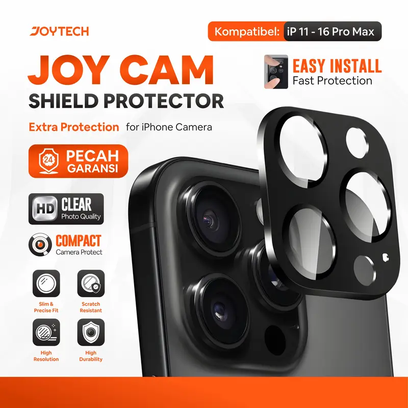 JOYTECH Tempered Glass Kamera Full Screen For iPhone 11 XR 12 13 14 15 16 Series Pro Max Plus Hitam 0.2 mm 9H Hardness Ultra-Thin Perlindungan Maksimal untuk Kamera iPhone