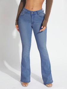 Jeans Elegantes Acampanados para Mujer Corte Ajustado Fit Clásico Bolsillo Solapa Lavado Cintura Alta Elásticos y Cómodos Estilo Fashion y Callejero vaqueras mujer outfit