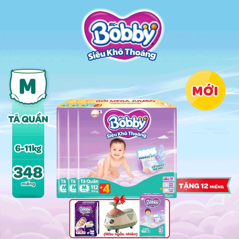 [COMBO 3-TẶNG TQ M30/XXL12/XE CHÒI HAMBURGER] Bobby Tã/bỉm quần M112/L96/XL84/XXL76 Siêu khô thoáng