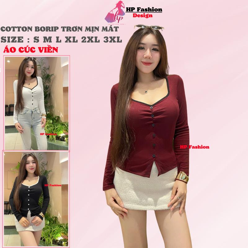 MỞ BÁN Áo thun body viền đính cúc dài tay áo nữ kiểu nữ basic vải thun cotton borip trơn co giãn 4 chều thoáng mát thấm hút mồ hôi size S M L Xl XXL có bigsize mùa hè HP62
