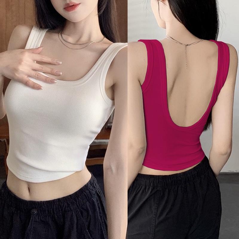 1/2pcs Pack Vest Women's Summer Backless Camisole Hot Girl Street style Tank Top With Chest Pad slim-fitting square neck vest 3