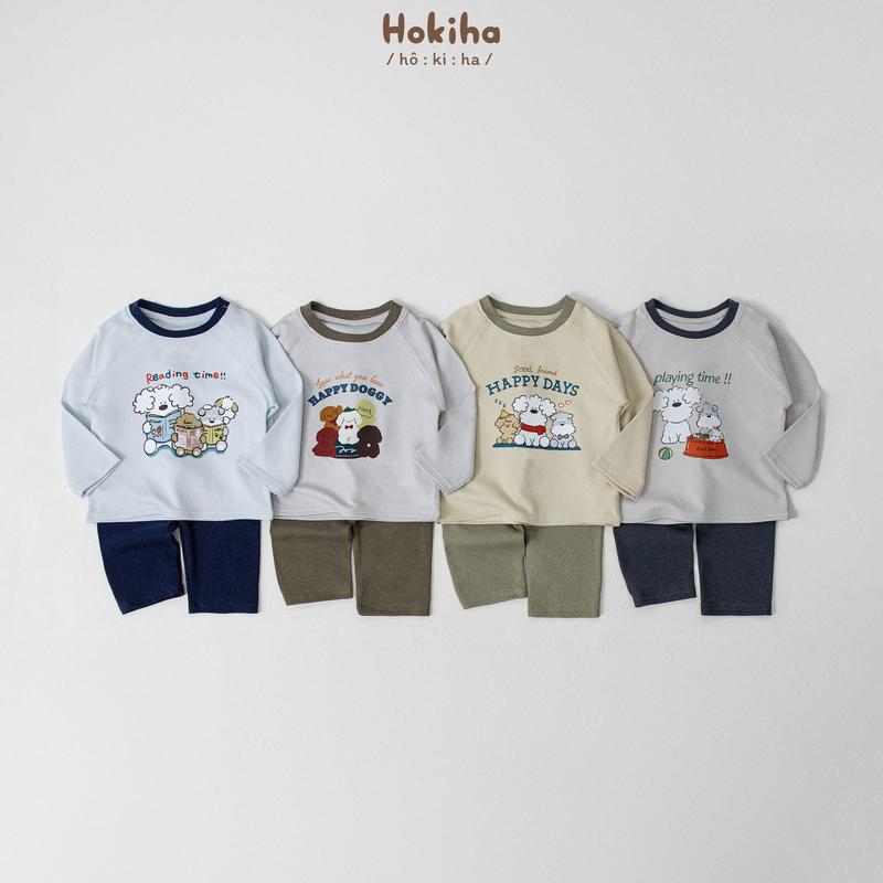 Hokiha B226-Bộ quần áo dài tay phối màu viền cổ cho bé in hình cún đáng yêu vải cotton co giãn thoáng mát size 8-17kg