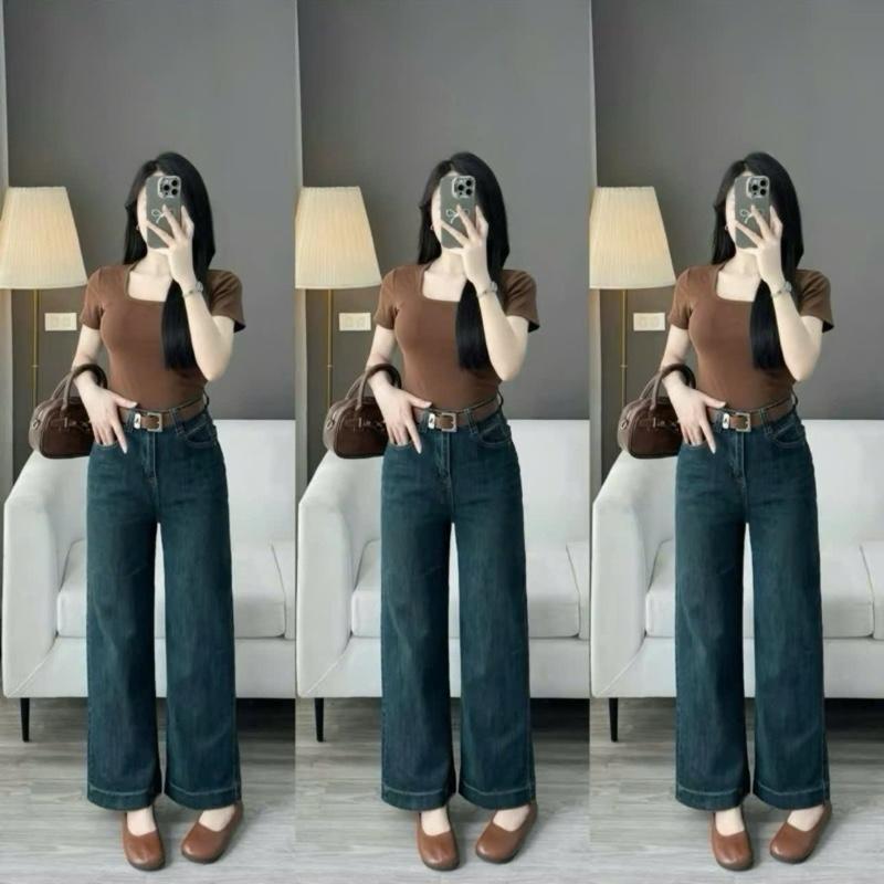[Jean đẹp- mở bán] - quần jean/ quần bò suông nữ xanh đậm phủ dơ basic gấu cao 3 tấc