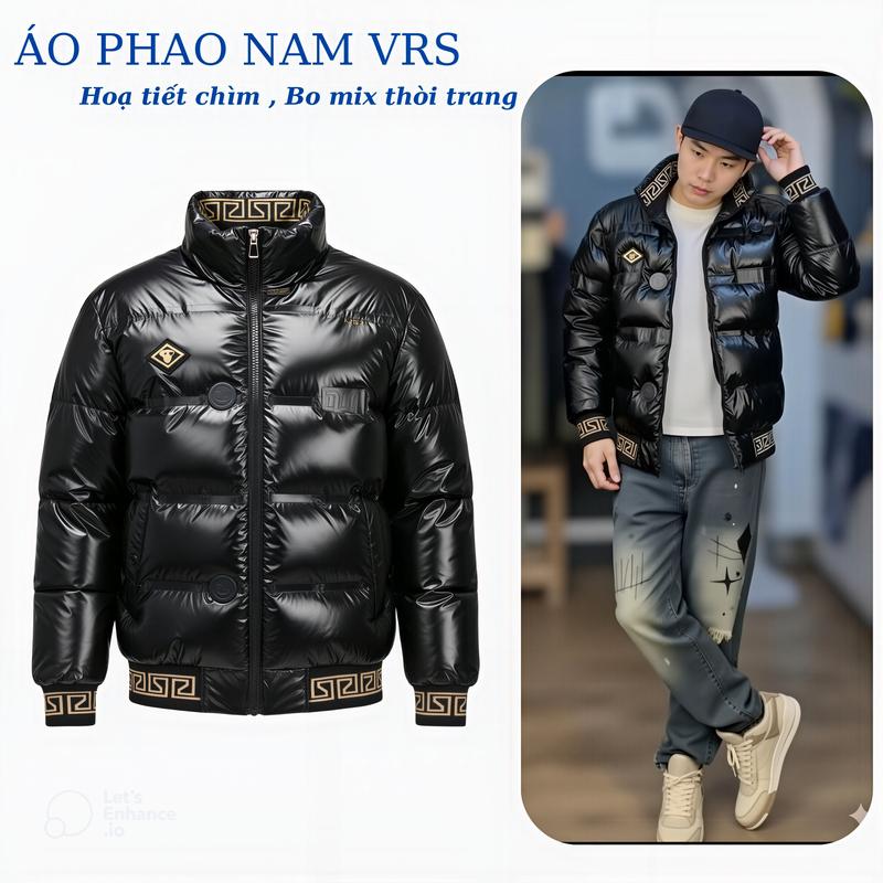 Áo Khoác Phao Nam Cao Cấp Chất Da Bóng Đen Cá Tính Viền Bo Họa Tiết Vàng Thời trang sang trọng