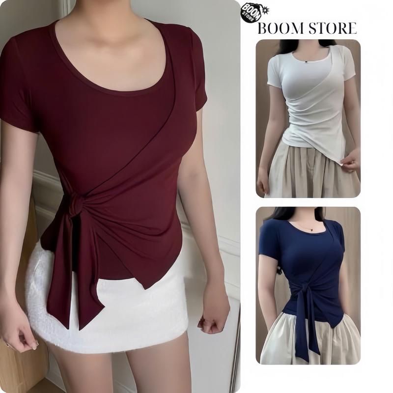 DEAL MỞ BÁN Áo Thun Nữ phối viền dây rời thắt eo vạt chéo vải tăm hàn ôm body