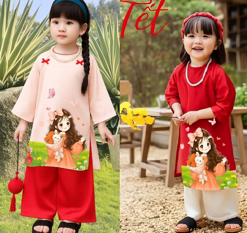  Áo dài Tết in hình bé gái lụa mềm mịn Bộ áo dài cách tân in cô gái phối nơ xinh xắn cho bé du xuân đi chơi lễ hội DA05 - PRO1 