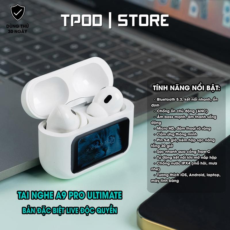    TPOD X KOC   Tai nghe A9 PRO Bluetooth 5.4 không dây  khử tiếng ồn ANC ENC  Màn hình cảm ứng LED  BAS siêu căng  hình nền tùy chỉnh 