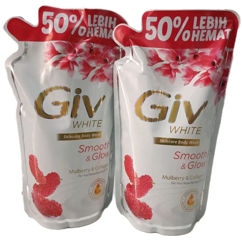 (PAKET 2 POUCH JUMBO) GIV GLOWING WHITE / SMOOTH & GLOW Mulberry & Collagen Sabun Mandi Cair 825ml 0
