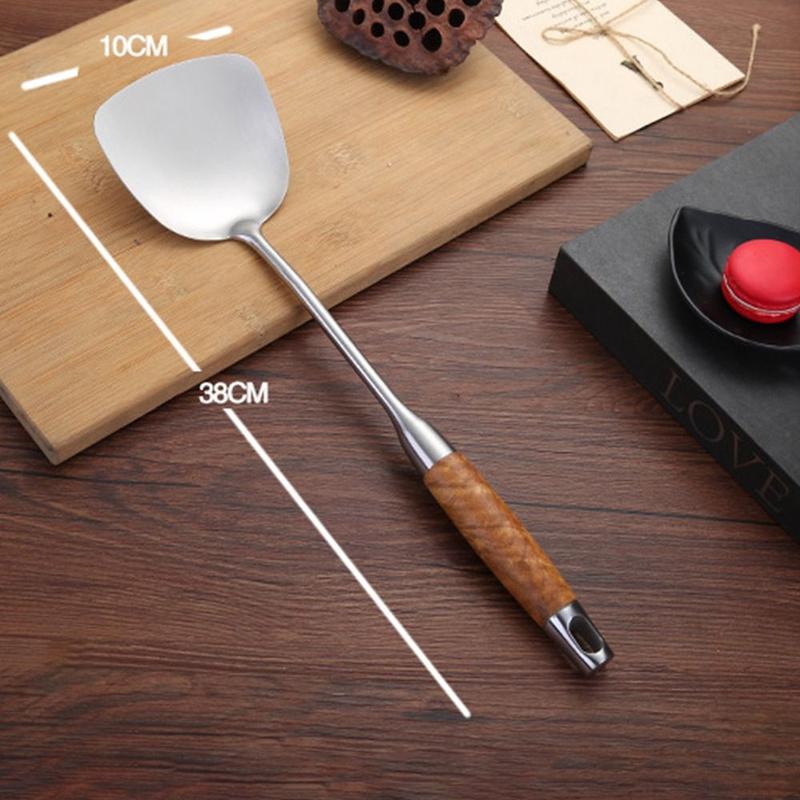 Cookware 304 Staniless Steel Kitchen Utensils Long Wooden Handle Spatula Spoon Cooking Equpment Frying Shovel Thickened Cooking Tool Sets 3