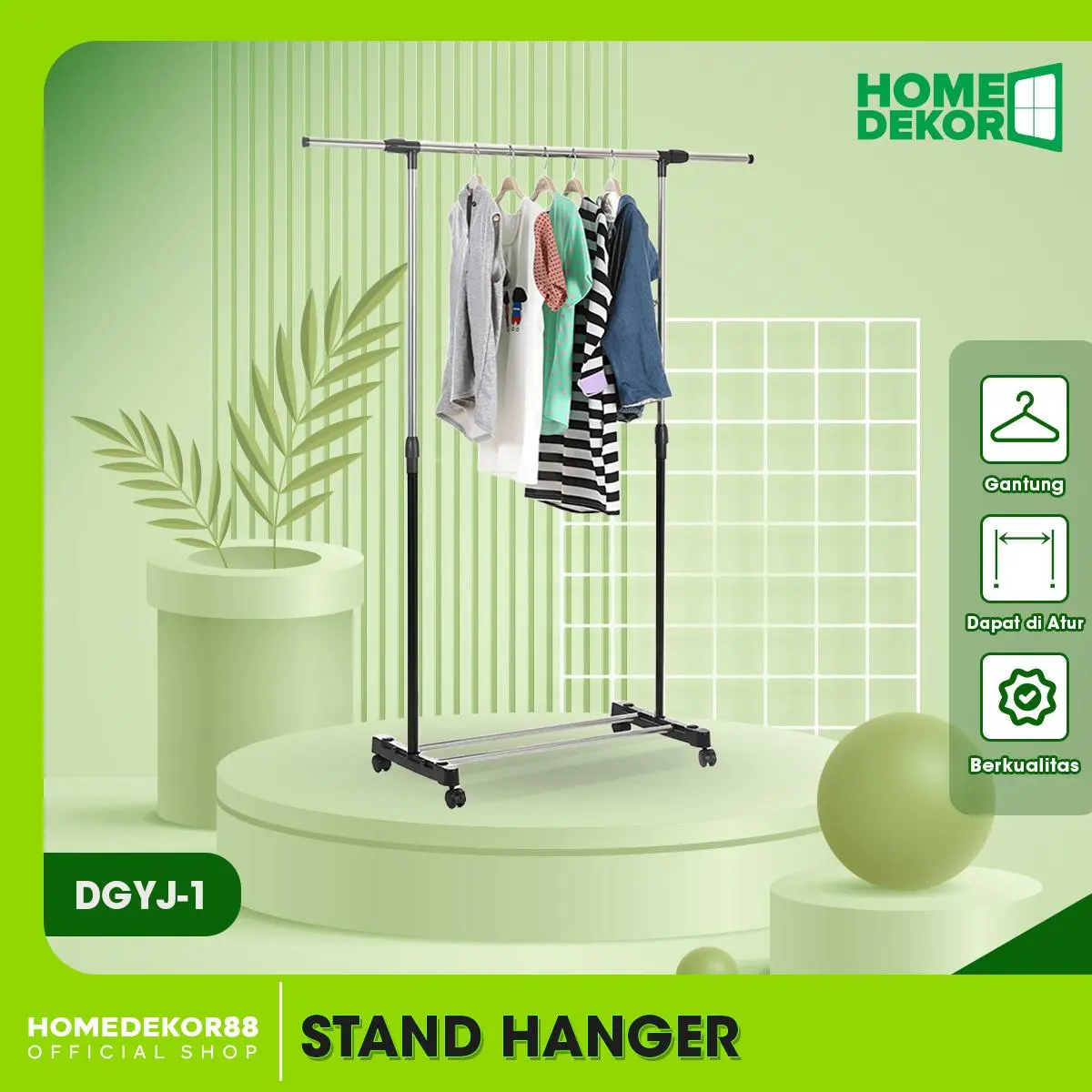 HOMEDEKOR Stand Hanger Single Rak Baju Bahan Besi Stainless Dekorasi Rumah Tangga Gantungan Pakaian Stainless