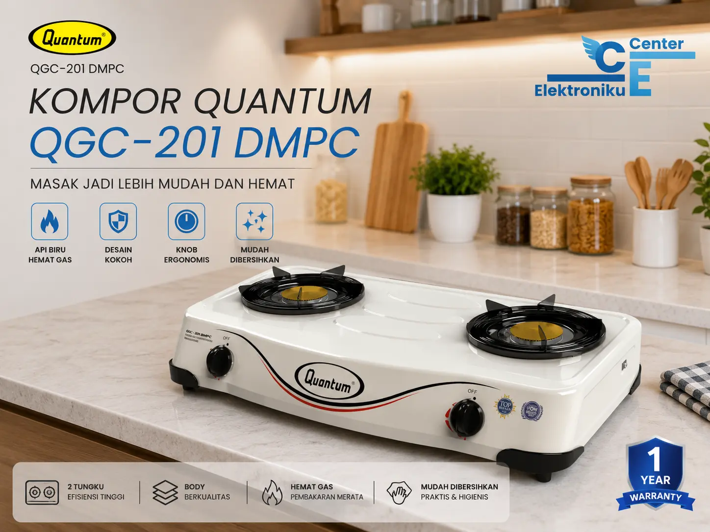 KOMPOR QUANTUM 201 DMPC (PUTIH) MUDAH DI BERSIHKAN