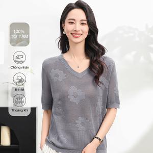MuMeng [100% Lụa Tơ Tằm] Áo Sơ Mi Nữ Hoa Văn Lưới Rỗng Thoáng Khí Áo Thun Cho Mùa Hè Chống Nhăn Tinh Tế 5542