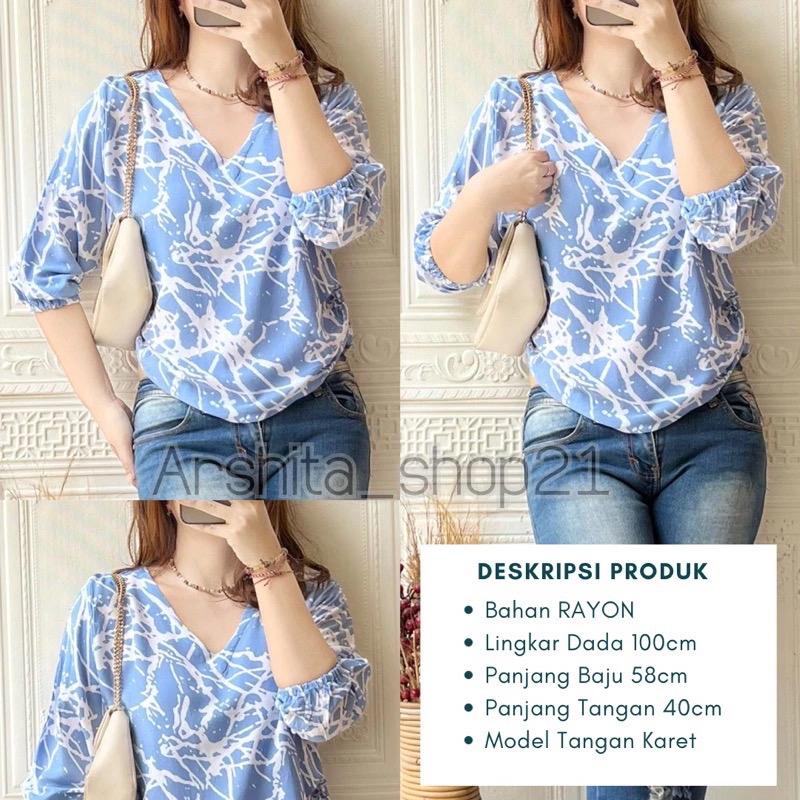 HANA [01] BLOUSE || [B01101] ATASAN WANITA TERLARIS BAHAN RAYON PREMIUM BLOUSE KEKINIAN LEHER V SIMPLE ELEGAN TANGAN 7/8 KARET MOTIF TERBARU