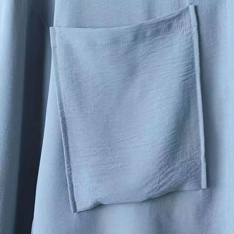 Product Introduction of High quality cross solid color blue Black Kachislin long sleeve pocket hidden door tube dyed buckle elastic waist long pants shirt set long shirt + pants 3