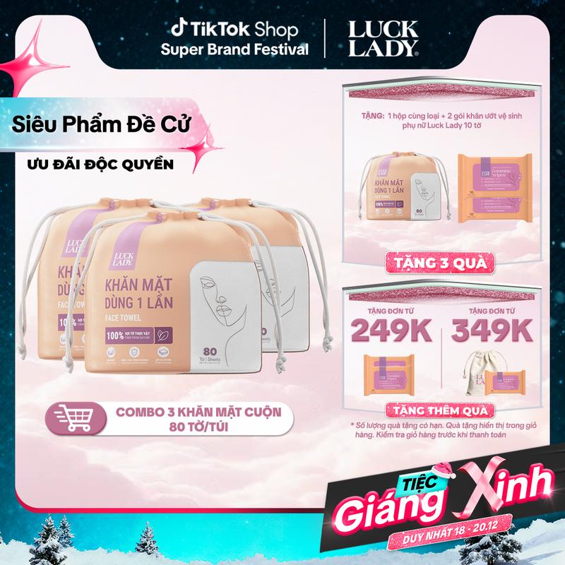   ĐQ  MUA 3 TẶNG 3  MUA 3 túi khăn mặt dùng một lần Luck Lady 80 tờ túi rút tròn kháng khuẩn bảo vệ làn da phụ nữ hương tự nhiên TẶNG 1 túi cùng loại + 2 gói khăn ướt vệ sinh phụ nữ 10 tờ 